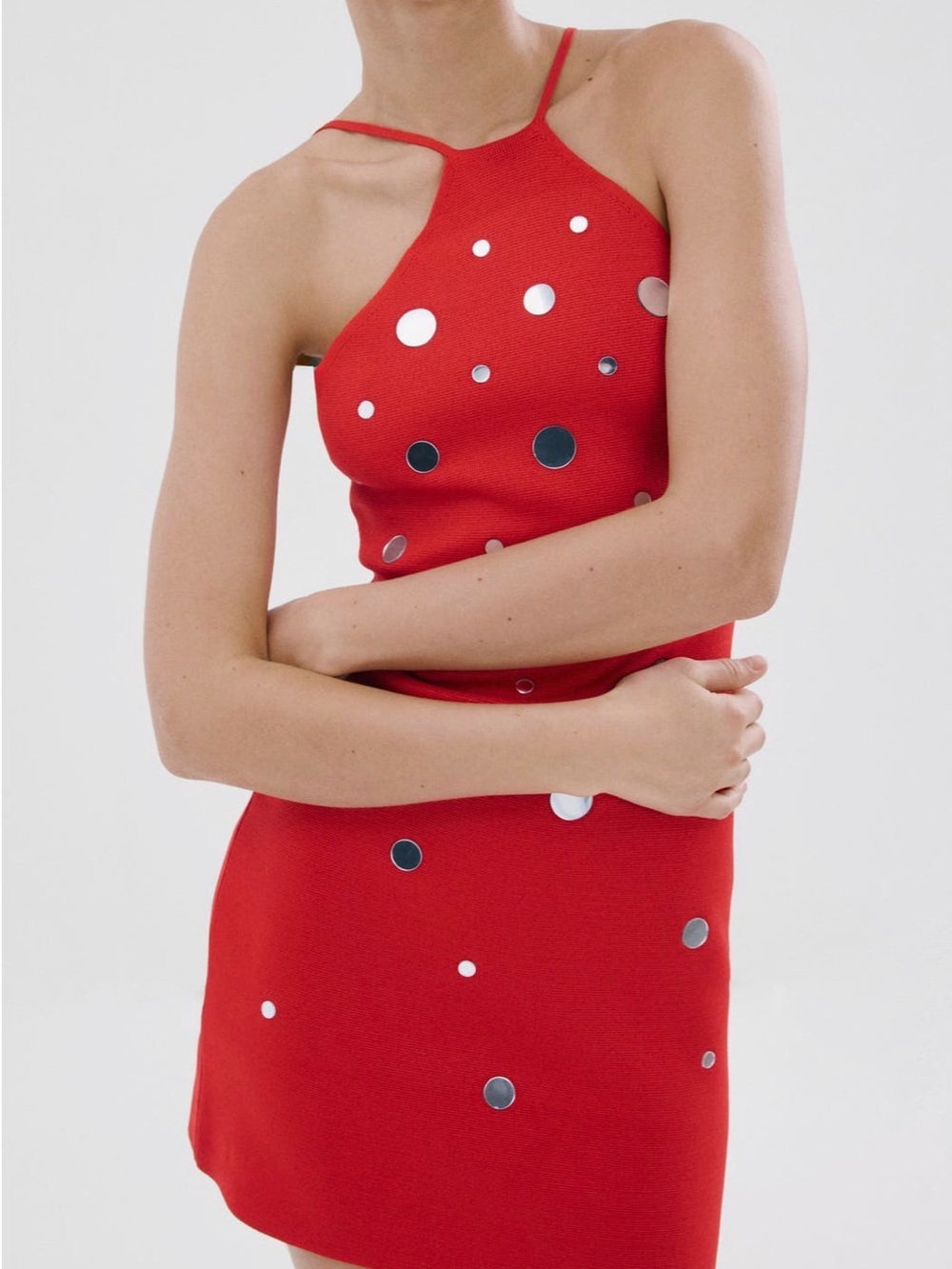 Mango Red Halter Mini Dress with Mirror Dot Accents